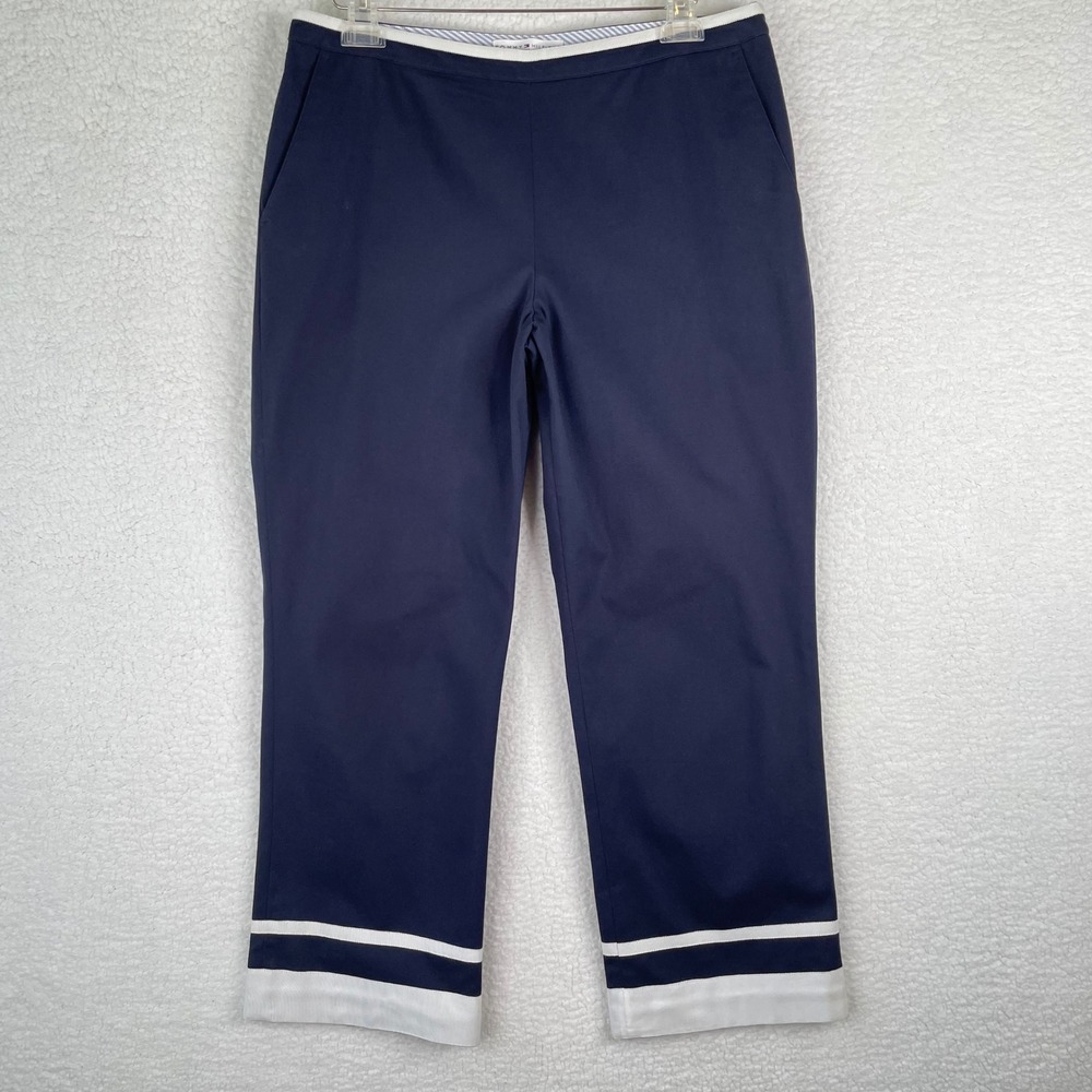 Tommy Hilfiger Navy Blue White Striped Trim Cropped Pants Womens 10 Side Zip